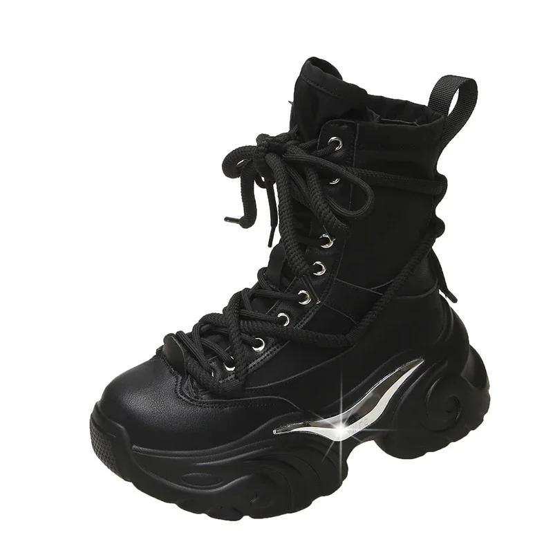 Fashion Women Ankle Boots Autumn Chunky Shoes Woman High Platform Breathable Sneakers 7.5CM Thick Sole Wedges Motorcycles Boots Winter