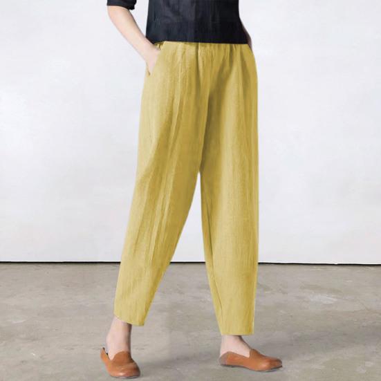 Ladies Long Pants with Pockets Solid Color Elastic Waist Wide Leg Ninth Pants Casual Wear Temperament Women Fashion Loose Linen Trousers Commuter Wear
