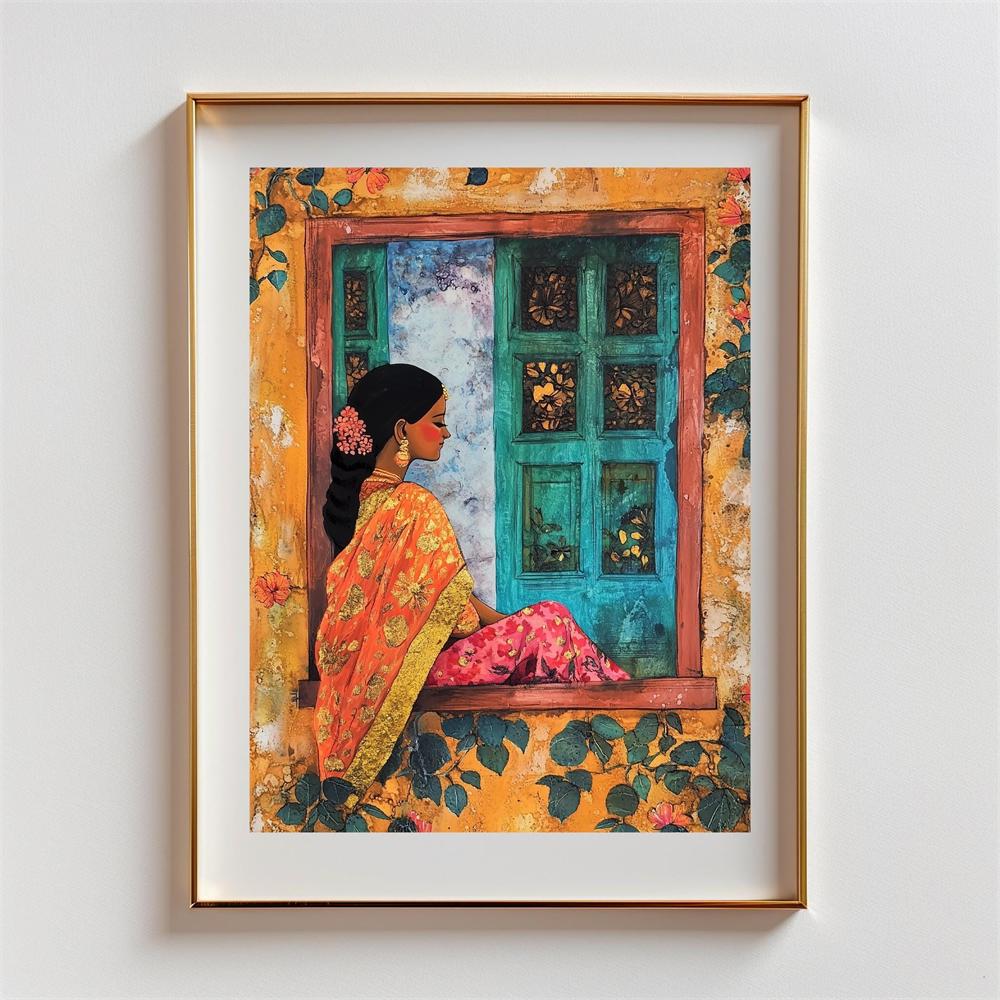 Indian Woman Portrait Prints Vintage Style Indian Woman Chai Break Art Print Poster Vibrant South Asian Home Decor Canvas Prints
