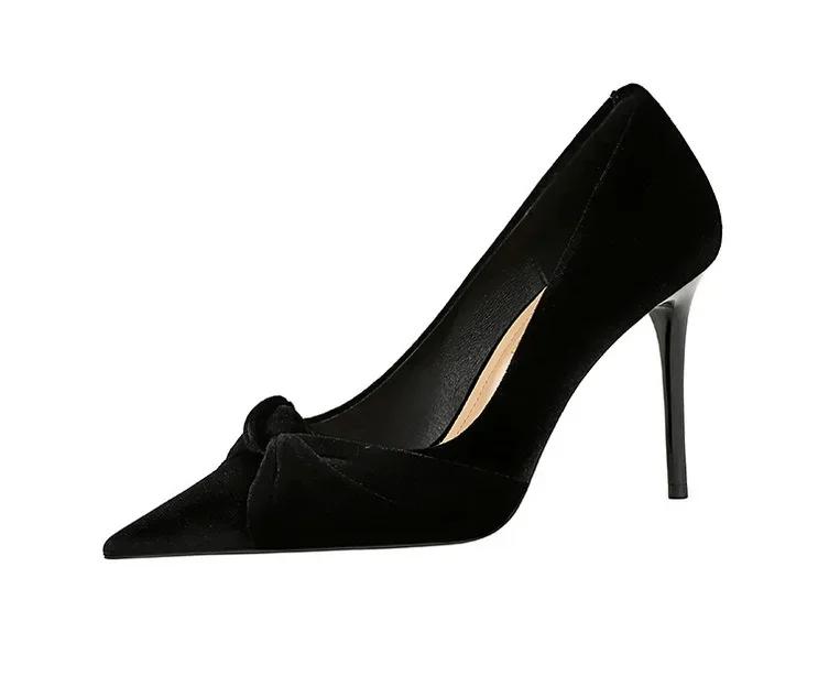 2024 European and American Fashion Banquet High Heels Thin Heels Comfortable Shallow Mouth Pointed Suede Bow Single Shoes