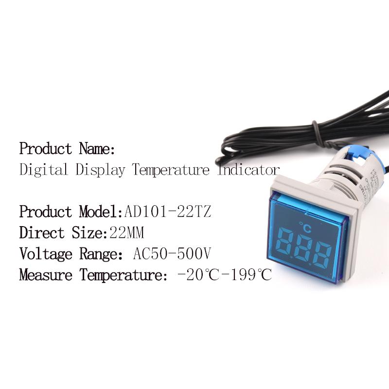 22mm Round Square LED Digital Thermometer Signal Lights Temperature Meter Detector Sensor -20-199 Celsius 50-500V AC