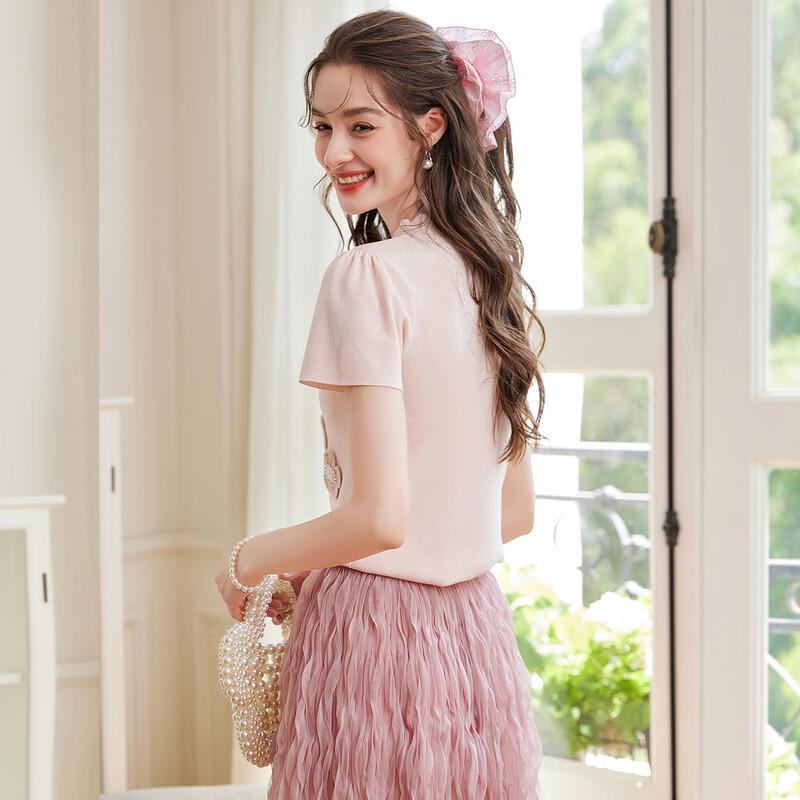 Haut Tricot Col Haut Perlé Floral Bailuyu pour Femme