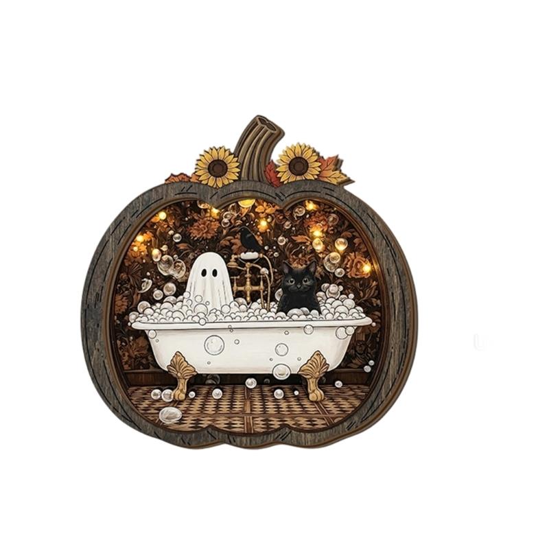 Entry Table Pumpkin Decoration with Wooden Body, Center Scene, and Double Board Build for Shelf and Indoor Holiday Use