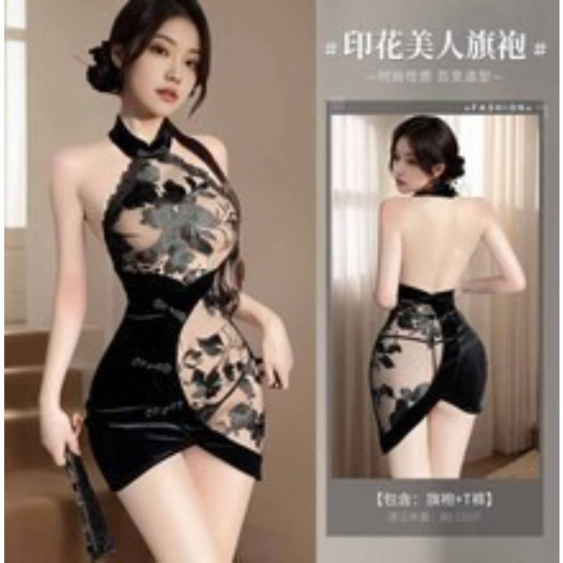Sex underwear pure desire sexy black sleeveless cheongsam sex pajamas hollow slim slim bag sexy pajamas women