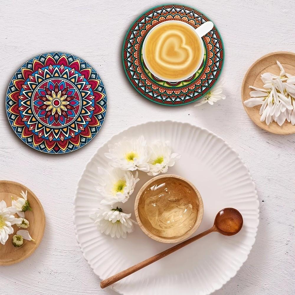 Retro Holz Mandala Untersetzer Set Rund Hitzebeständig Katzen-Thema Tassenunterlage Partyzubehör Getränkeunterlagen für Bar, Büro, Heimdekoration