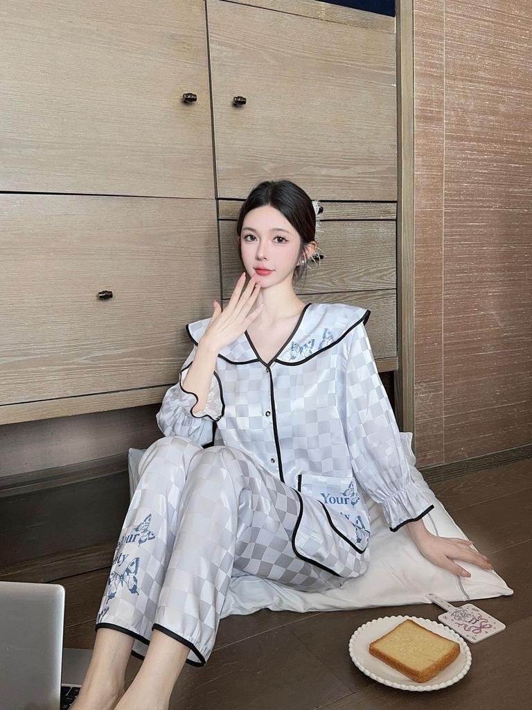 Ice silk jacquard autumn new pajamas women's high-end bow long-sleeved court style girl home clothes Xiaoxiangfeng