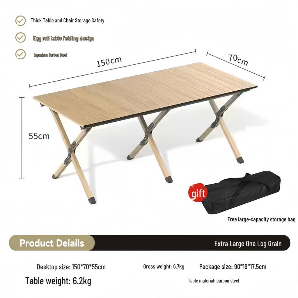Portable Carbon Steel Roll-Up Camping Table - Foldable BBQ Picnic Dining Table with X-Shaped Legs