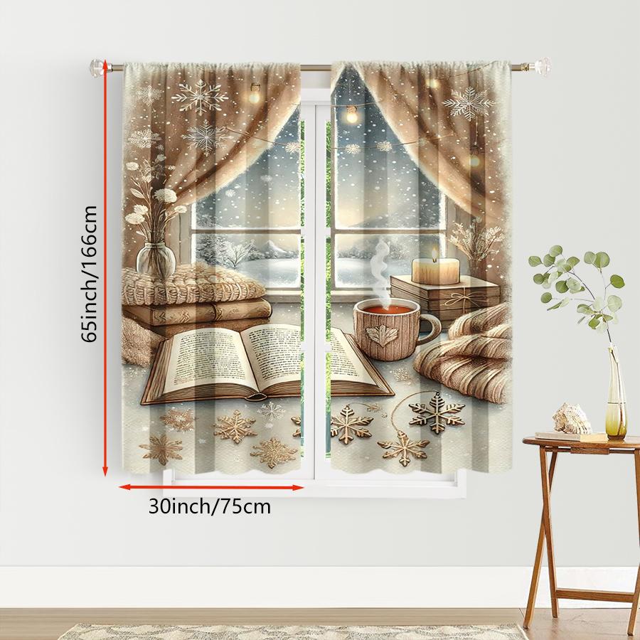 2PCS Digital Print Curtains, Cozy Window Coffee Cup Christmas Pattern, Warm Hygge Style for Xmas Holiday Season Home Decor