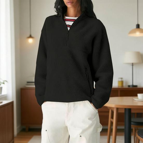 Women's Half Zip Pullover Fleece Jacket Long Sleeve Stand Collar Sherpa Sweatshirt with Pockets Fall Fuzzy Warm Outerwear