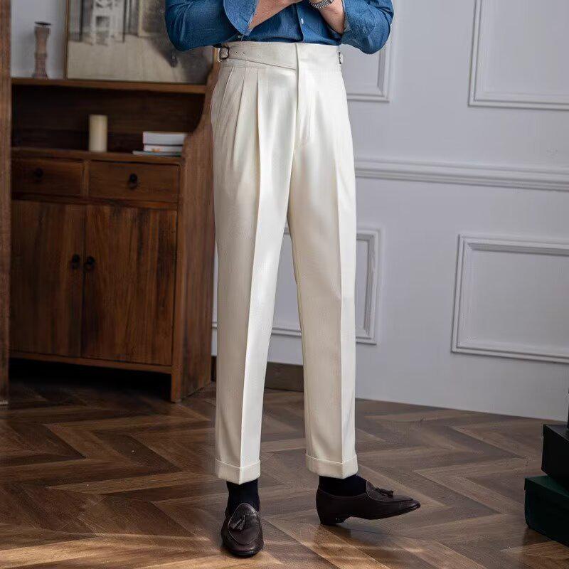Men's Casual High-Waist Autumn Trousers with Paris Buckle – Retro Drape Business Suit Pants