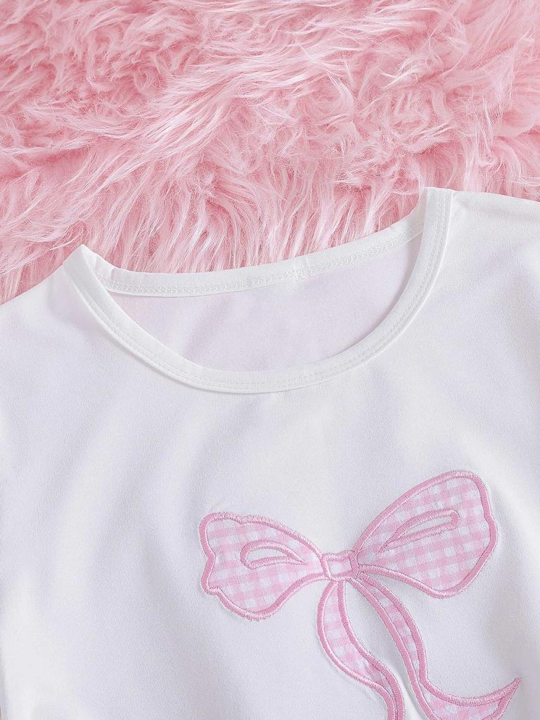 2 Pieces Girls Short Sets, Bow Graphic T-Shirt & Pink Gingham Wide Leg Pants Set for Kids Size 8-12 Years