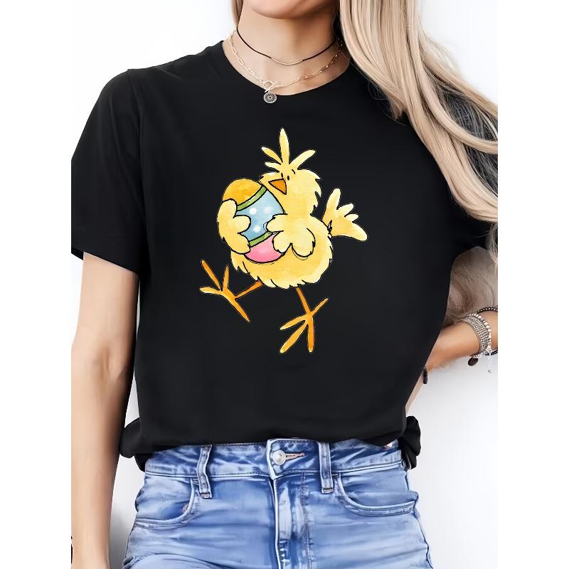 Casual T-Shirts for Women And Men Featuring an Adorable Yellow Chick with an Easter Egg, Designed with a Charming Easter Theme S