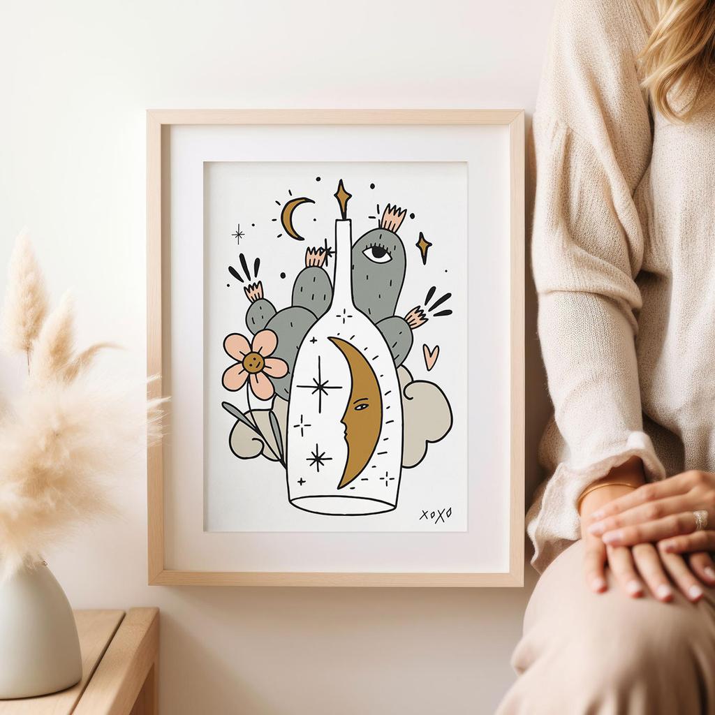 Plakat ilustracja księżyc kaktus