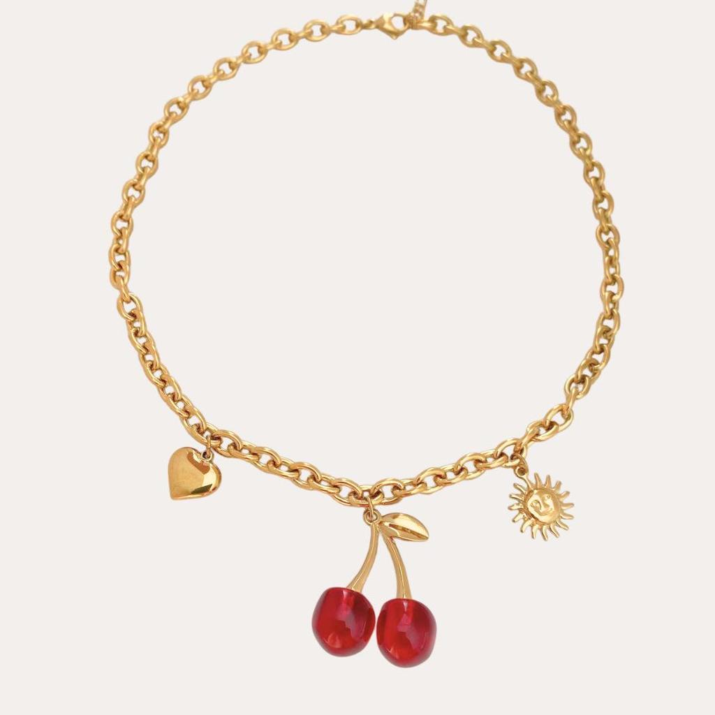 Cherry Girl Red Pearl Pendant Earrings & Bracelet Necklace Set - Titanium Steel with Color Retention