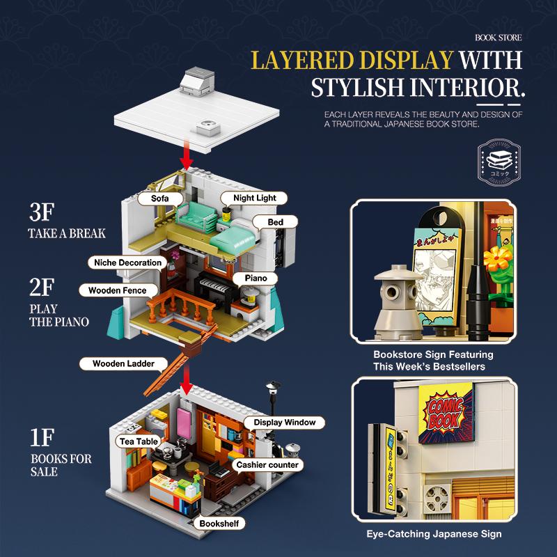 NEW LED Japanese Style Street View Grocery Store Building Blocks Japan Izakaya Modular Bricks Toys for Adults Kids Gifts Decor