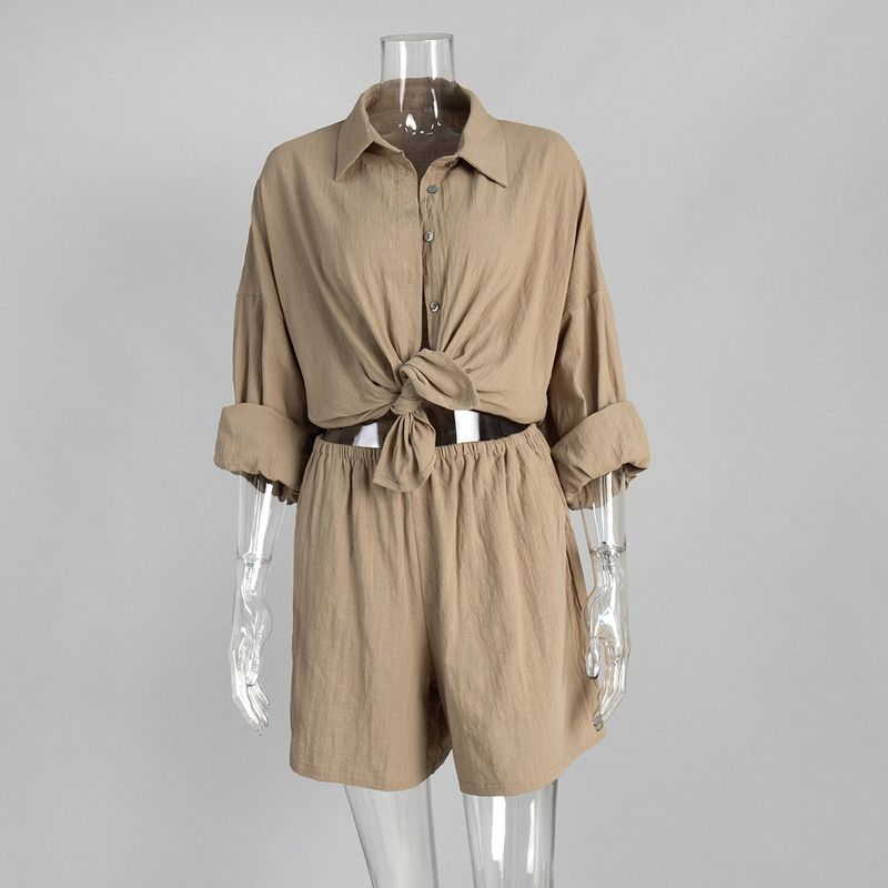 

Loose Long Sleeved Shirt and Shorts Set Loose Long Sleeves Shirt Shorts Suit Khakis L