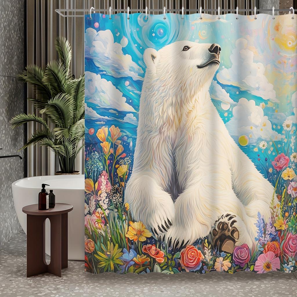 1pc Polar Bear Pattern Winter Decoration Art Oil Painting Garden Colorful Flowers Plants Dream Sky White Clouds Printed