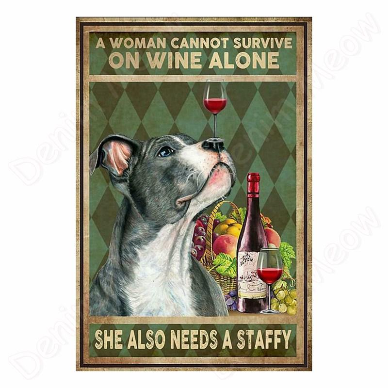 Vintage Bulldog Tin Sign for Home Wall Decor, A Woman Cannot Survive On Wine Alone, Funny Cat, Dog Metal Sign, Bar Decor