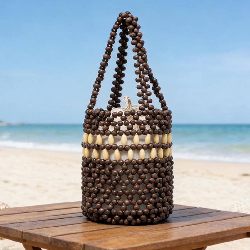 Borsa Secchiello Fatta a Mano con Perline e Striscia a Contrasto Stile Boho Leggera Intreccio di Perline di Legno Borsa a Mano per Pendolarismo Quotidiano Viaggio in Spiaggia