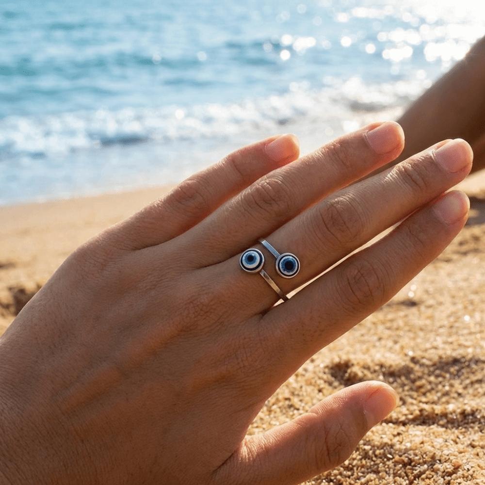 Bague Œil Bleu Double Zirconium Couleur Argent Bague de Doigt Réglable Anneaux Torsadés Tendance Fête