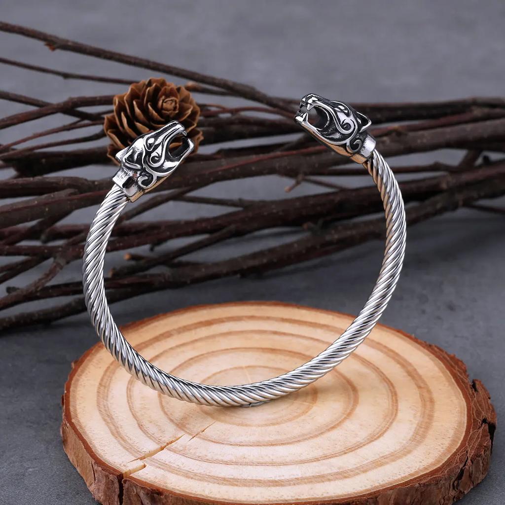 Stainless Steel Vikings Dragon Head Bracelet for Men Punk Biker Charm Wristband Cuff Odin Arm Ring Nordic Fashion Jewelry Gift