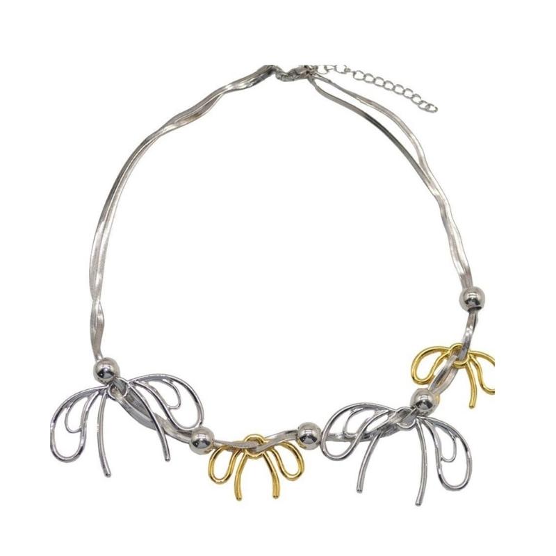 Eye catching Beaded Snake Chain Rope Necklace/Earrings with Gold and Silver Bowknot Pendant Fashionable Accessory Charm 1