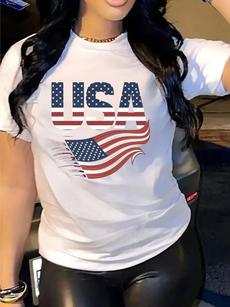 TXComfortable Crew Neck Soft Adorable Tees Flag USA T-Shirt for Women Casual Short Sleeve Summer Casual Streetwear Tops Tees