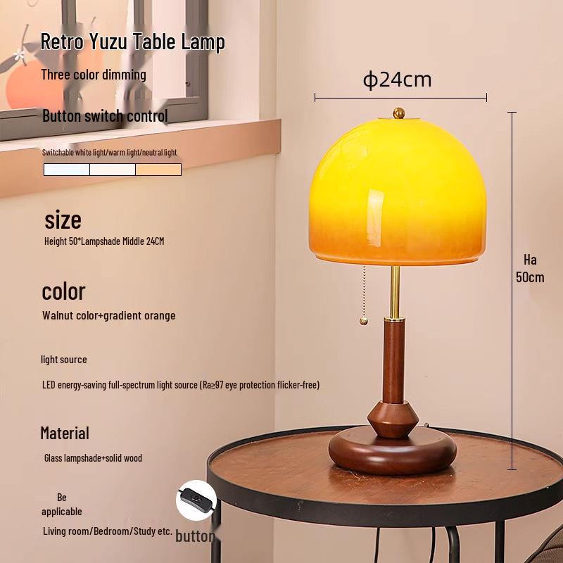 

French Vintage Walnut Glass Table Lamp – Retro Design for Bedroom or Study