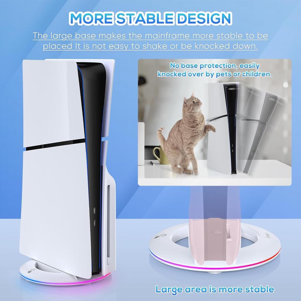 Vertical Stand for PS5 Slim Console Disc and Digital with 14 Light Mode, RGB Base Stand for PS5 Slim Console