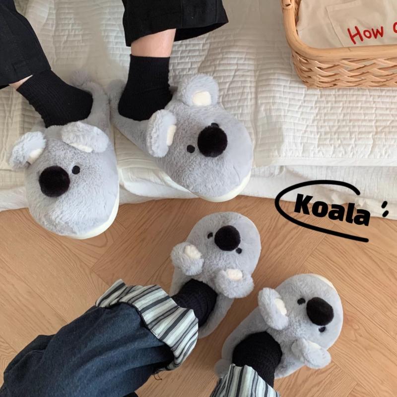 Fashion Women Indoor Fluffy Slippers Cute Cartoon Koala Winter Warm Shoes  Faux Fur Anti-slip Gray Color Couples Home Floor Slipper