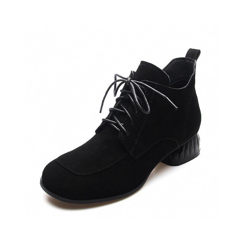 Women's boots 2025 autumn and winter new lace-up foreign black Martin boots straps matte sheepskin round head side zipper short boots