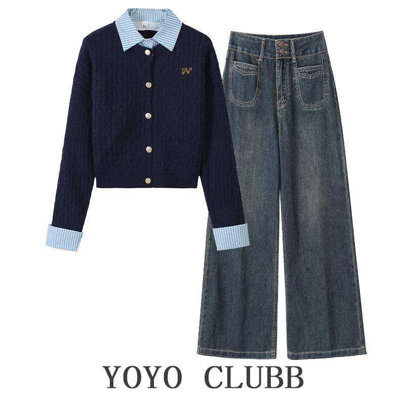 Women's 2024 Autumn/Winter College-Style Two-Piece: Knit Sweater and Slim Jeans Set