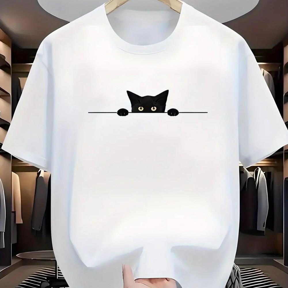 New womens Summer Fashionable Casual Comfortable Breathable Round Neck Tshirt with Kitten Pattern Printed Outdoor Street Top