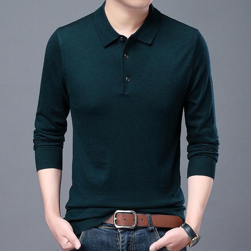 New Men's Business Casual Men's Wool Sweater Solid Color Bottoming Shirt Long-sleeved Sweater Knitted Polo Shirt Men's