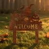 Halloween Landscape Accents Rusty Metal Pumpkin Garden Stake, Spooky Evil Face Welcome Yard Sign, Silhouette Stakes Outdoor Decorative Lawn