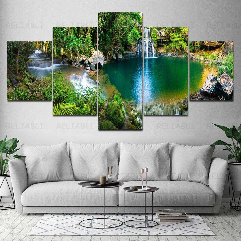 

5 панелей пейзаж природный водопад холст картина зеленое дерево озеро плакаты и принты настенные художественные фотографии домашний декор без рамки 30x40cm*2 30x60cm*2 30x80cm*1