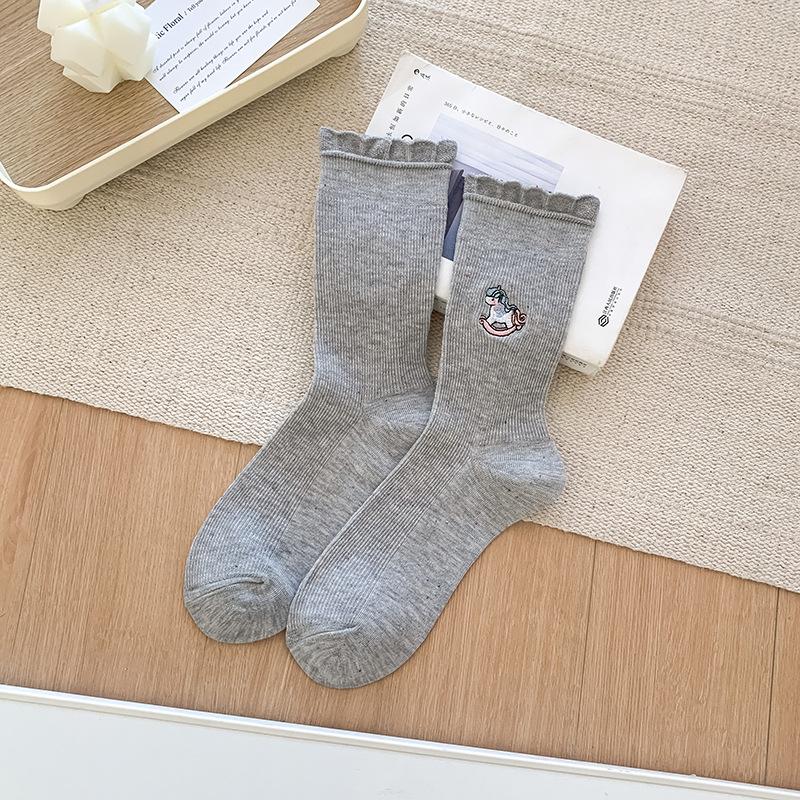 Lace Socks, Women's Summer Thin Mid-calf Socks, Trendy and Cute Embroidered Long Socks, Grey Spring and Autumn Pile Socks