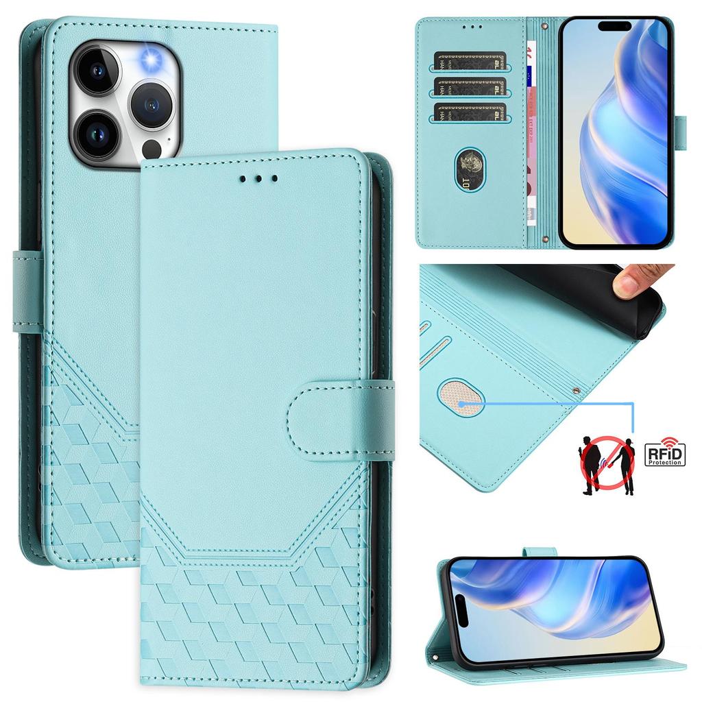 For iPhone 15 Pro Max Case Imprinted Honeycomb RFID Blocking Leather Phone Cover with Strap