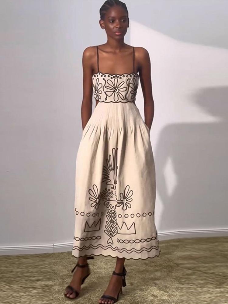 Potištěné Sling Cut Out Bez rukávů Skládané kapsy bez zad Dámské dlouhé šaty Letní plážový dámský župan