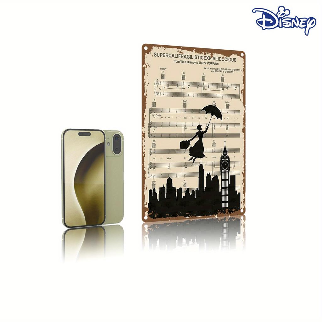 1pc Vintage Mary Poppins Metal Tin Sign - 20.32x30.48 cm Wall Art with Music Notes & Silhouette, Perfect for Home Decor & Holida