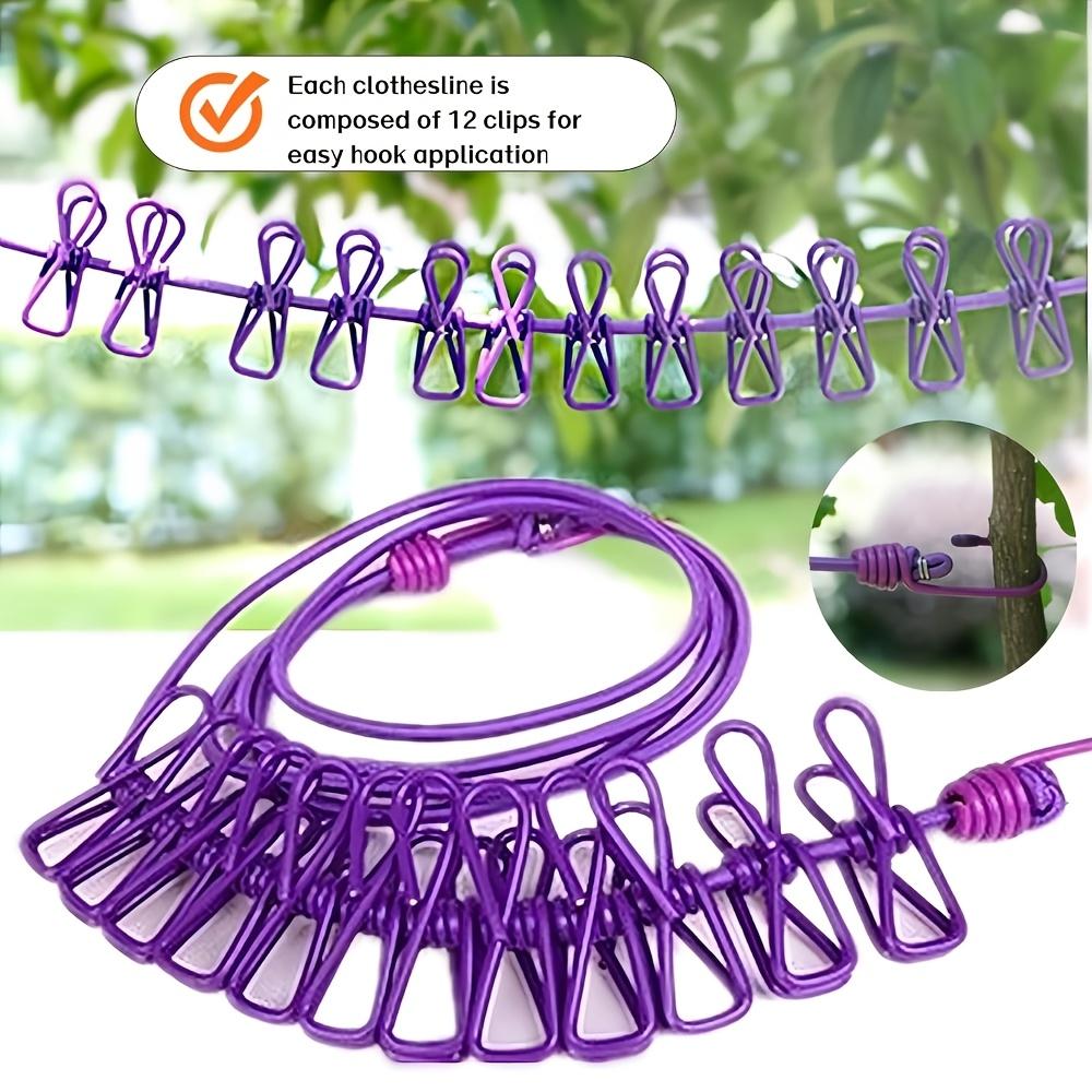 Portable 1.8m Retractable Clothesline, 12 Clips Polychrome Rope, No Punching for Camp Travel Outdoor Drying