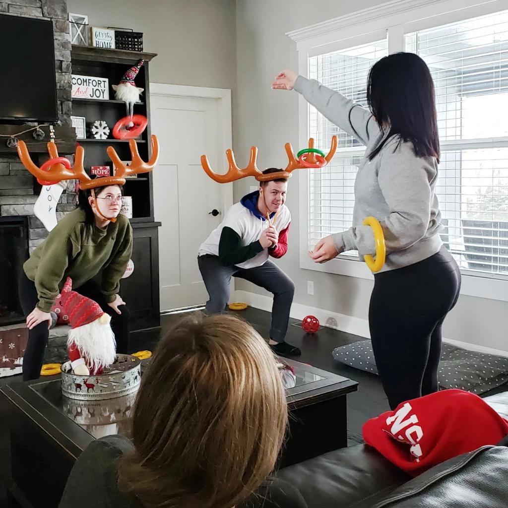 Christmas Game Inflatable Reindeer Antler Hat Ring Toss Game for Kids Adults Entertainment Props Xmas Decor Party Supplies Gift