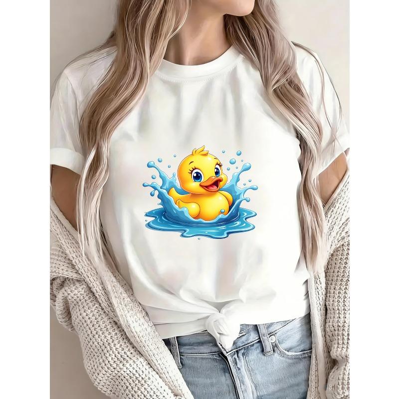 Camiseta de Pato Fofo Branca Desenho Animado Pato Amarelo com Design de Salpicos de Água Para Uso Casual Roupa de Verão Moda Feminina Top