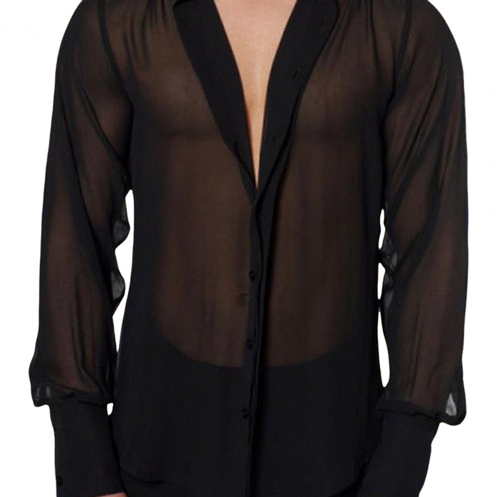 Schwarze durchsichtige Bluse für Herren Netz Durchsichtig Dünn Langarm V-Ausschnitt Revers Stilvolle einreihige Bluse Sexy Basic B