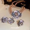 Medieval Diamond Pearl Flower Necklace Earrings Ring Set Court Style Retro Temperament Clavicle Chain French Accessories