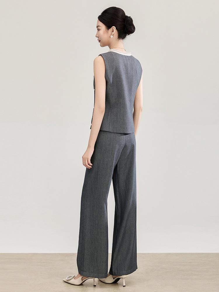 Elegant Beaded Neck Tencel Linen Vest & Wide-Leg Pants Set for Women - Spring Collection