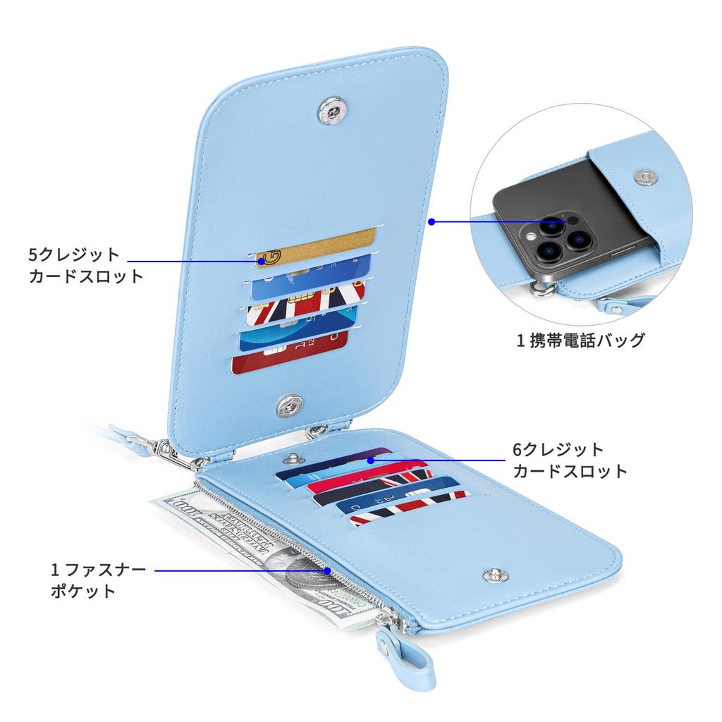Nuoku Smartphone Shoulder Bag for Women with Bag for Smartphone and Removable Mobile Pouch Bag with Card Slots Wallet, 2-in-1 Wallet, (Blue)
