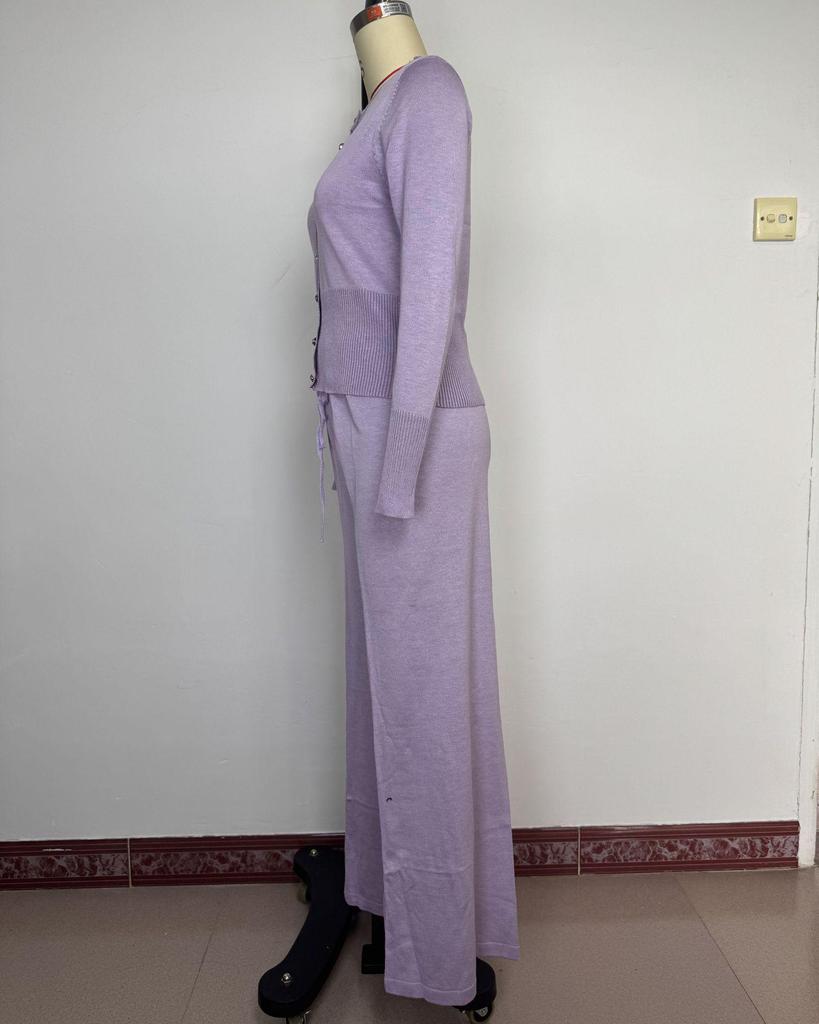 Women's Summer Fashion Knit Cardigan and Pants Set – Button Front, Long Sleeve, Round Neck