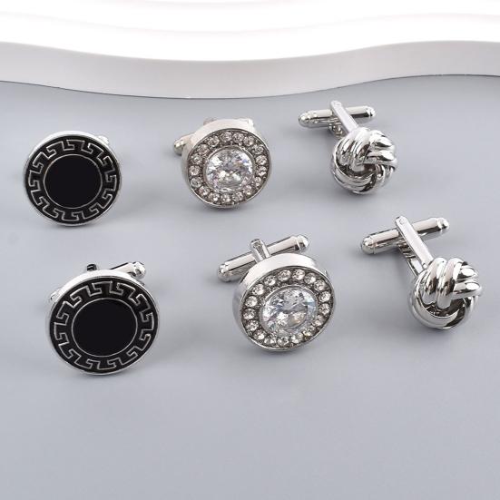 1 Pair Men Cufflinks Polished Smooth Surface Rhinestones Inlaid Rectangle Round Twist Shape Suit Shirt Cufflinks Button Replacement Accessories
