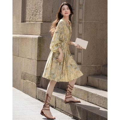 Demana Autumn V-Neck Printed Lantern Sleeve Dress